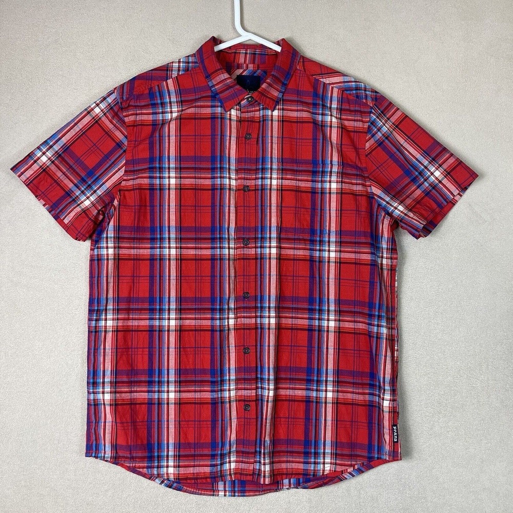 Prana Shirt Adult Large Red Plaid Short Sleeve Logo Outdoor Hiking‎ Preppy Mens